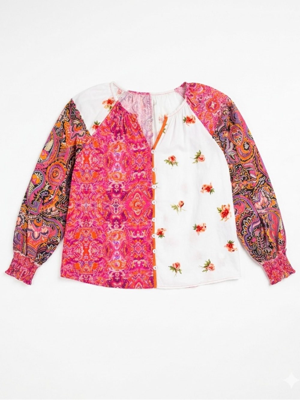 Boho Floral Patchwork Blouse Viscose Long Sleeve Cottagecore Top L - Picture 3 of 8